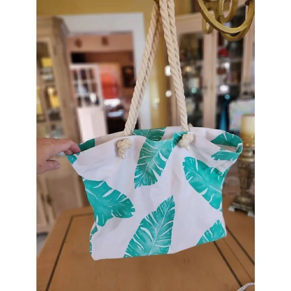 Green and white tropical beach bag tote
